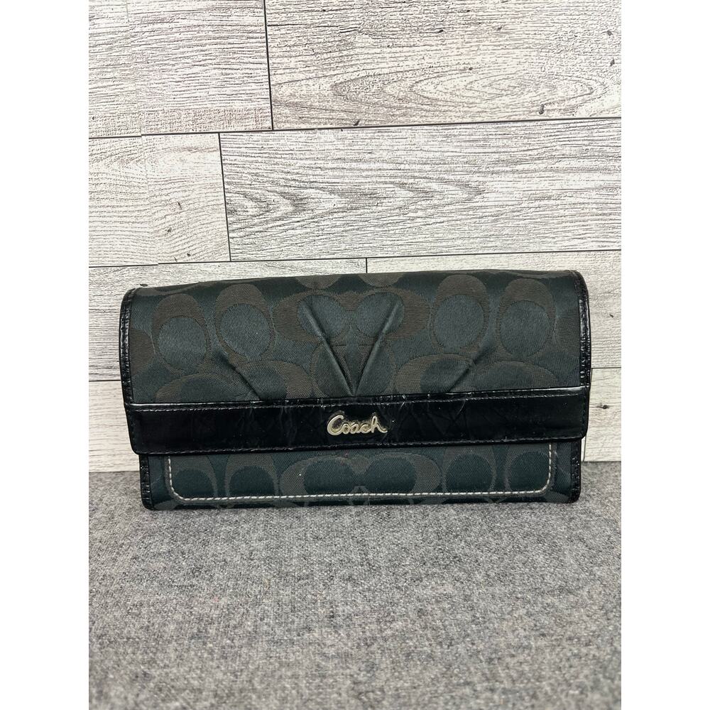 COACH ASHLEY WALLET Vintage Black Signature Trifold Snap Closure Organizer